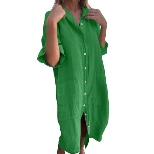 Tunika Kleid Damen Lang Halbarm Maxikleid Sommer Elegant Blusenkleid Frauen Mit Knopfleiste Sommerkleider Leicht Und Luftig Sommerkleid Stehkragen Kleider Mit Taschen Strandkleid Locker von FUPODD