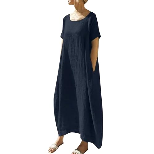 Tunika Kleid Damen Sommer Lang Sommerkleid Elegant Kurzarm Kleider Mit Taschen Sommerkleider Leicht Luftig Boho Maxikleid Einfarbig Freizeit Strandkleid Musselin Blusenkleid Frauen A Linie von FUPODD
