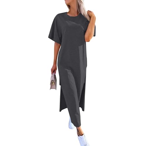 Tunika Kleid Damen Sommer Lang Sommerkleid Elegant Mit Schlitz Blusenkleid Kurzarm Shirtkleid Casual Maxikleid Tshirt Kleider Oversize Sommerkleider Frauen Leicht Luftig Strandkleid Rundhals von FUPODD