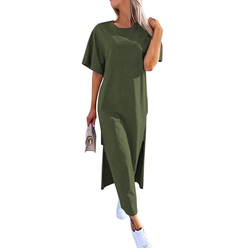Tunika Kleid Damen Sommer Lang Sommerkleid Elegant Mit Schlitz Blusenkleid Kurzarm Shirtkleid Casual Maxikleid Tshirt Kleider Oversize Sommerkleider Frauen Leicht Luftig Strandkleid Rundhals von FUPODD