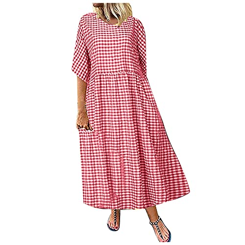 Tunika Kleid Damen Sommer Maxikleid Locker Elegant Sommerkleid Damen Lang A Linie Sommerkleider Frauen Leicht Und Luftig Strandkleid Große Größen Maxi Kleider Kariert Blusenkleid Mit Ärmeln von FUPODD