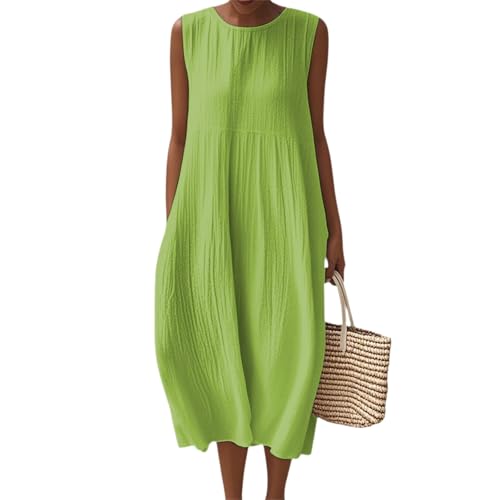 Tunika Kleid Damen Sommer Midi Ärmellos Sommerkleid Damen Lang Elegant Musselin Kleider A Linie Einfarbig Sommerkleider Leicht Und Luftig Midikleid Frauen Mit Taschen Strandkleid Weite Casual von FUPODD