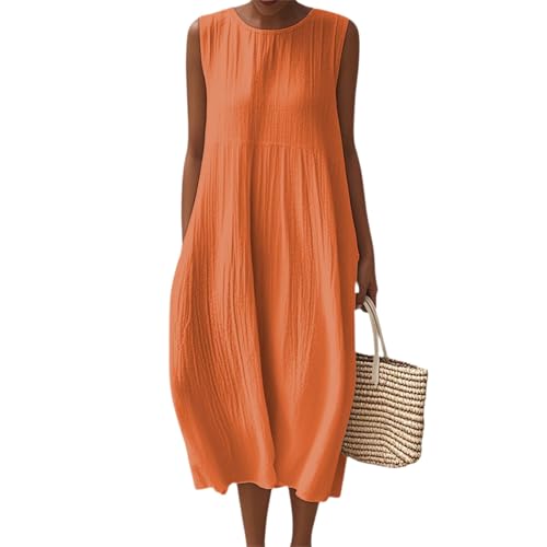 Tunika Kleid Damen Sommer Midi Ärmellos Sommerkleid Damen Lang Elegant Musselin Kleider A Linie Einfarbig Sommerkleider Leicht Und Luftig Midikleid Frauen Mit Taschen Strandkleid Weite Casual von FUPODD
