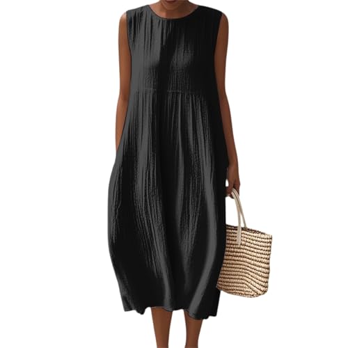 Tunika Kleid Damen Sommer Midi Ärmellos Sommerkleid Damen Lang Elegant Musselin Kleider A Linie Einfarbig Sommerkleider Leicht Und Luftig Midikleid Frauen Mit Taschen Strandkleid Weite Casual von FUPODD