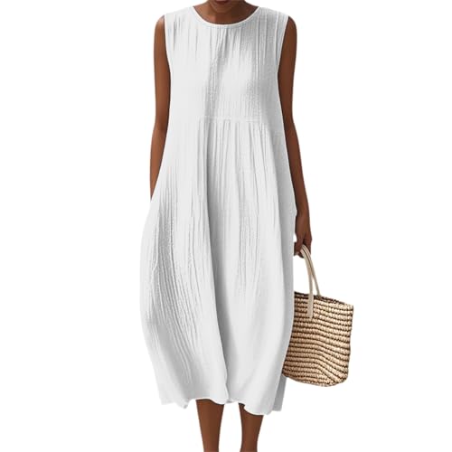 Tunika Kleid Damen Sommer Midi Ärmellos Sommerkleid Damen Lang Elegant Musselin Kleider A Linie Einfarbig Sommerkleider Leicht Und Luftig Midikleid Frauen Mit Taschen Strandkleid Weite Casual von FUPODD