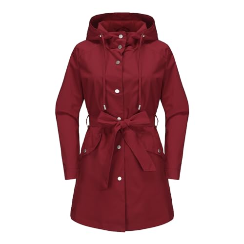 Übergangsjacke Damen Mit Kapuze Softshelljacke Damen Wasserdicht Atmungsaktiv Outdoor Jacke Funktions Parka Mit Knöpfen Gürtel Mantel Leichte Winter Herbstjacke Windbreaker Regenjacke Frauen von FUPODD