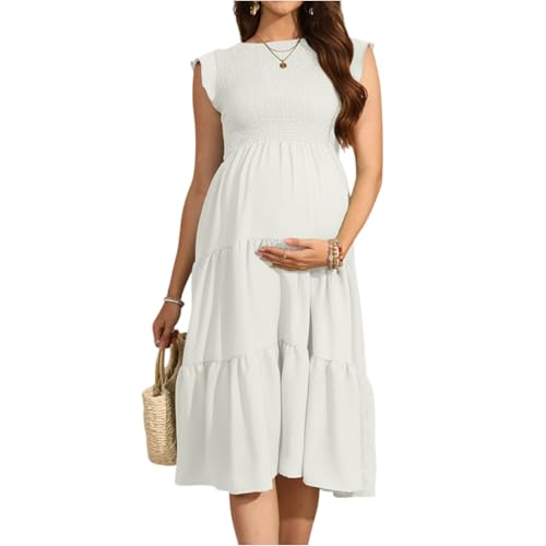 Umstandskleid Sommer Fotoshooting Sommerkleid Damen Midi Rüschen Kleid Elegant Schwangerschaftskleid A Linie Sommerkleider Leicht Und Luftig Midikleid Plissee Umstandsmode Kleider Skaterkleid von FUPODD