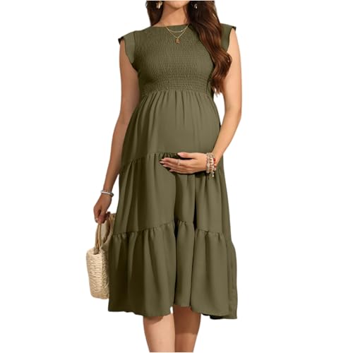 Umstandskleid Sommer Fotoshooting Sommerkleid Damen Midi Rüschen Kleid Elegant Schwangerschaftskleid A Linie Sommerkleider Leicht Und Luftig Midikleid Plissee Umstandsmode Kleider Skaterkleid von FUPODD