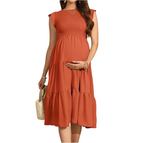 Umstandskleid Sommer Fotoshooting Sommerkleid Damen Midi Rüschen Kleid Elegant Schwangerschaftskleid A Linie Sommerkleider Leicht Und Luftig Midikleid Plissee Umstandsmode Kleider Skaterkleid von FUPODD