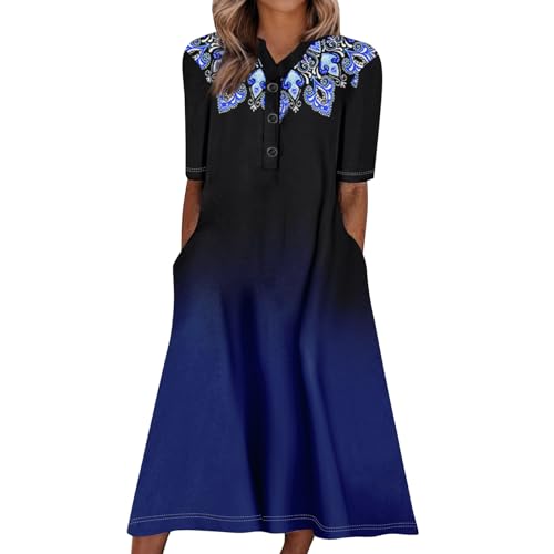 Vintage Kleider Damen Lang Boho Kleid Kurzarm V Ausschnitt Zum Knöpfen Sommerkleid Damen Midi Elegant A Linie Bohemian Sommer Mit Taschen Sommerkleider Leicht Und Luftig Strandkleid Blumen von FUPODD
