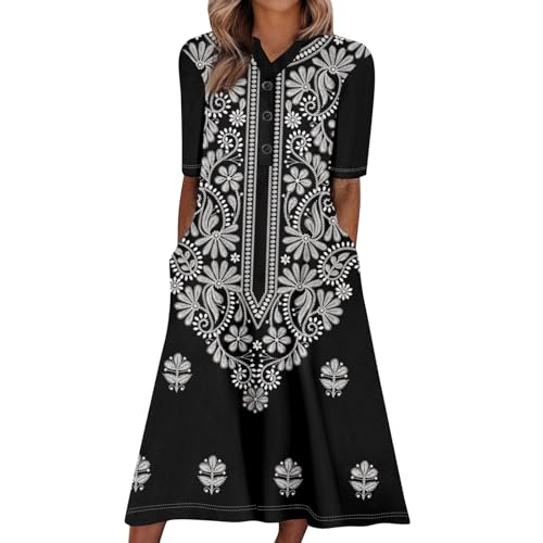 Vintage Kleider Damen Lang Boho Kleid Kurzarm V Ausschnitt Zum Knöpfen Sommerkleid Damen Midi Elegant A Linie Bohemian Sommer Mit Taschen Sommerkleider Leicht Und Luftig Strandkleid Blumen von FUPODD