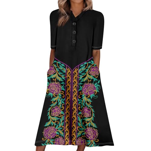 Vintage Kleider Damen Lang Boho Kleid Kurzarm V Ausschnitt Zum Knöpfen Sommerkleid Damen Midi Elegant A Linie Bohemian Sommer Mit Taschen Sommerkleider Leicht Und Luftig Strandkleid Blumen von FUPODD