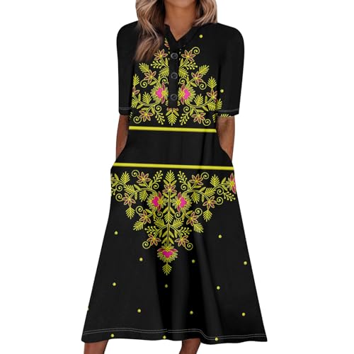 Vintage Kleider Damen Lang Boho Kleid Kurzarm V Ausschnitt Zum Knöpfen Sommerkleid Damen Midi Elegant A Linie Bohemian Sommer Mit Taschen Sommerkleider Leicht Und Luftig Strandkleid Blumen von FUPODD