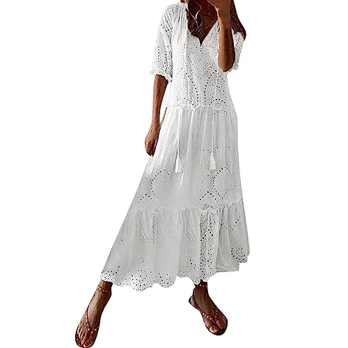 Weißes Kleid Damen Sommer Elegant Sommerkleid Damen Lang Ibiza Style Kleider Mit Öse Maxikleid Boho Sommerkleider Leicht Luftig Damenkleid Halbarm Rüschen Strandkleid Frauen Kordelausschnitt von FUPODD