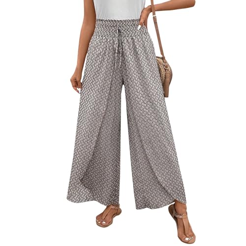 Wickelhose Damen High Waist Palazzo Hose Damen Elegant Culottes Hosen Damen Mit Gummizug Musselin Hose Plissee Strandhose Viskose Marlenehose Weite Stoffhose Damen Blumen Sommerhosen Leicht Luftig von FUPODD