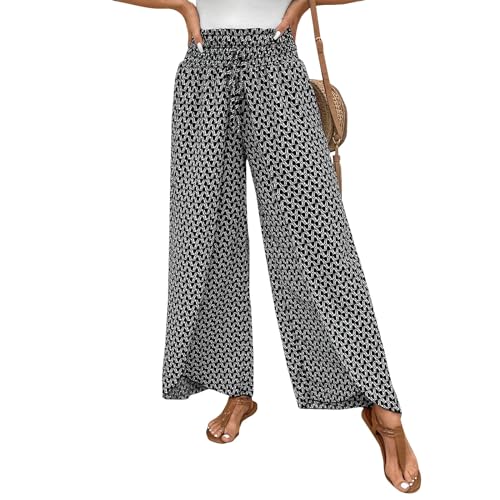 Wickelhose Damen High Waist Palazzo Hose Damen Elegant Culottes Hosen Damen Mit Gummizug Musselin Hose Plissee Strandhose Viskose Marlenehose Weite Stoffhose Damen Blumen Sommerhosen Leicht Luftig von FUPODD