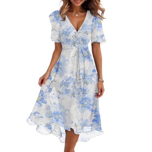 Wickelkleid Damen Sommer Blumen Bohemian Kleid Elegant Damen Festlich Volant-Kleid Empirestil Skaterkleid Mit Ärmel A-Linien High Waist Blumenkleid Schwingen Maxikleider Schickes Schwarzes von FUPODD