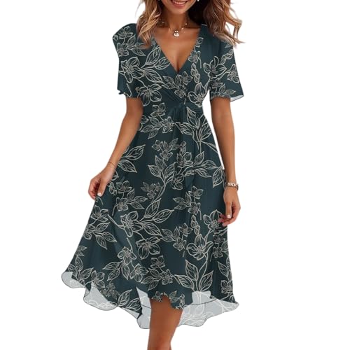 Wickelkleid Damen Sommer Blumen Bohemian Kleid Elegant Damen Festlich Volant-Kleid Empirestil Skaterkleid Mit Ärmel A-Linien High Waist Blumenkleid Schwingen Maxikleider Schickes Schwarzes von FUPODD