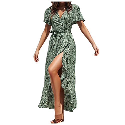 Wickelkleid Damen Sommer Kleid Mit Schlitz Vorne Kurz Hinten Lang Sommerkleid V Ausschnitt Elegant Sommerkleider Frauen Mit Ärmel Und Gürtel Kleider Geblümt Chiffon Abendkleider Rüschen von FUPODD