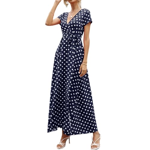 Wickelkleid Damen Sommer Lang Punkte Sommerkleid Damen Leicht Luftig Maxikleid Elegant A Linie Gepunktet Italienische Kleider Frauen V Ausschnitt Mit Gürtel Maxi Sommerkleider Strand Kleid von FUPODD