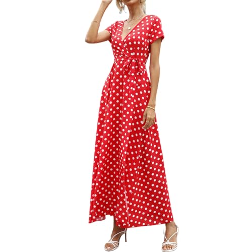 Wickelkleid Damen Sommer Lang Punkte Sommerkleid Damen Leicht Luftig Maxikleid Elegant A Linie Gepunktet Italienische Kleider Frauen V Ausschnitt Mit Gürtel Maxi Sommerkleider Strand Kleid von FUPODD