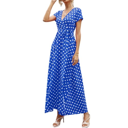 Wickelkleid Damen Sommer Lang Punkte Sommerkleid Damen Leicht Luftig Maxikleid Elegant A Linie Gepunktet Italienische Kleider Frauen V Ausschnitt Mit Gürtel Maxi Sommerkleider Strand Kleid von FUPODD