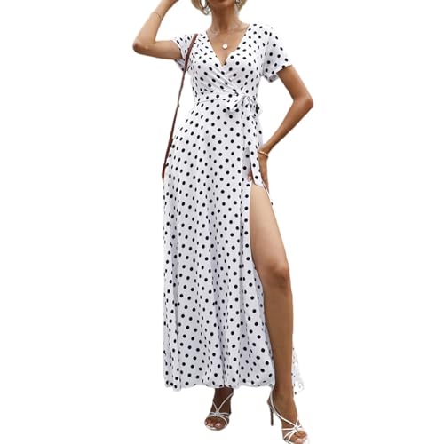 Wickelkleid Damen Sommer Lang Punkte Sommerkleid Damen Leicht Luftig Maxikleid Elegant A Linie Gepunktet Italienische Kleider Frauen V Ausschnitt Mit Gürtel Maxi Sommerkleider Strand Kleid von FUPODD