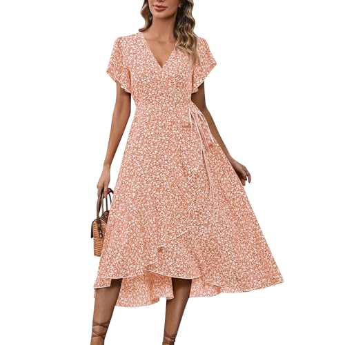 Wickelkleid Damen Sommer Lang Rüschen Blumen Kleider V Ausschnitt Sommerkleid Elegant Blumenkleid A Linie Sommerkleider Leicht Und Luftig Kleid Frauen Sommer Geblümt Strandkleid Mit Gürtel von FUPODD