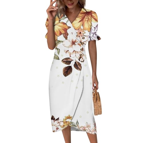 Wickelkleid Damen Sommer Midi Elegant Sommerkleid Blumen V-Ausschnitt Kleider A Linien Boho Kleid Strandkleid Rüschen Sommerkleider Damen Leicht Und Luftig Freizeit Blumenkleid Asymmetrisch von FUPODD