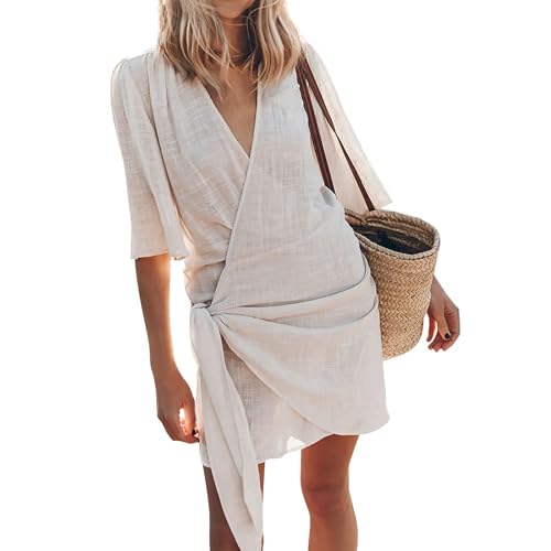 Wickelkleid Damen Sommer Mini Strandkleid Casual Dünne Sommerkleid Kurz Elegant Sommerkleider Leicht Luftig Schnürung Damenkleider V Ausschnitt Leinenkleider Halbarm Frauen Plissee Kleid von FUPODD