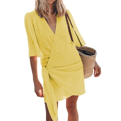 Wickelkleid Damen Sommer Mini Strandkleid Casual Dünne Sommerkleid Kurz Elegant Sommerkleider Leicht Luftig Schnürung Damenkleider V Ausschnitt Leinenkleider Halbarm Frauen Plissee Kleid von FUPODD