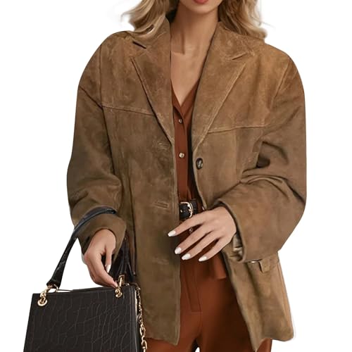Wildlederjacke Damen Mit Revers Damen-Jacken Wildleder Jacke Damen Winter Vintage Mantel Frauen Mode Leder Anzug Jacken Herbstjacke Frühling Blazer Oversize Elegant Outwear Casual Streetwear von FUPODD