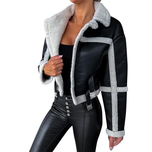 Winterjacke Damen Warm Gefüttert Teddyfleece Lederjacke Frauen Dicke Kunstlederjacke Moto Biker Kurzmantel Kurz Jacke Winter Revers Mantel Mode Fleecejacke Teddyfutter Outdoor Jacken Motorrad von FUPODD