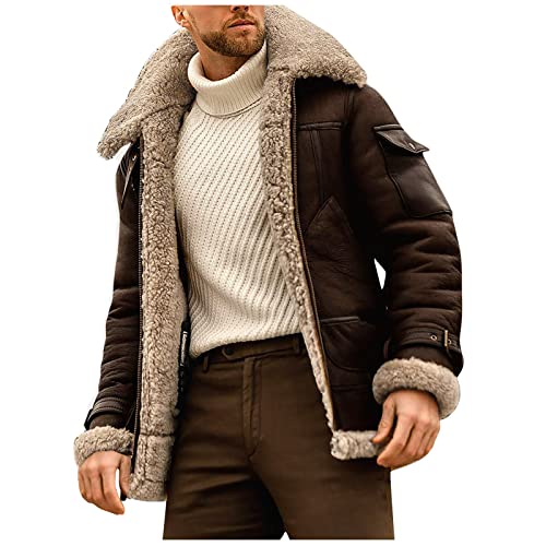 FUPODD Winterjacke Herren Leder mit Fell Wintermantel Lang Lederjacke Warm Gefüttert Fleecejacke Dicke Softshelljacke Herren Outdoor Jacke Bomberjacke Daunenjacke Fell Parka Verdickt Übergangsjacke von FUPODD
