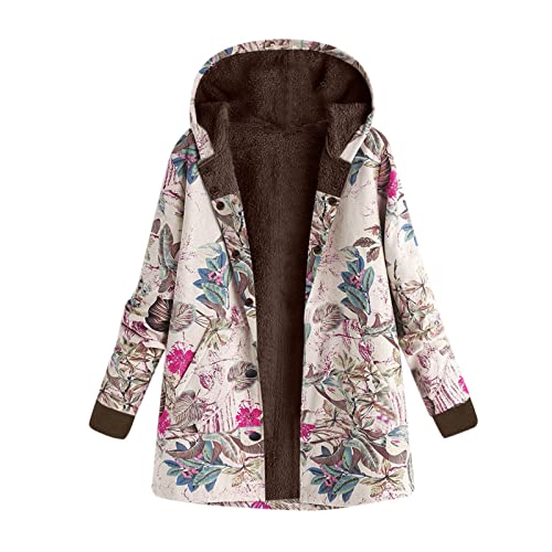 Winterjacke Warm Teddyfell Gefüttert Wintermantel Damen Mit Kapuze Fleecejacke Damen Mit Knöpfen Mantel Damen Winter Dicke Jacke Frauen Casual Vintage Aufdruck Teddyjacke Übergangsjacke von FUPODD