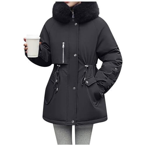 Wintermantel Damen Fellkapuze Innenfutter Winterjacke Frauen Warm Gefüttert Winterparka Dicke Mantel Winter Teddyfutter Jacke Elegant Parka Outdoor Mit Kapuze Winddicht Skijacke Innenfell von FUPODD