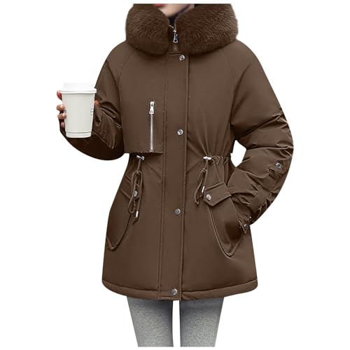 Wintermantel Damen Fellkapuze Innenfutter Winterjacke Frauen Warm Gefüttert Winterparka Dicke Mantel Winter Teddyfutter Jacke Elegant Parka Outdoor Mit Kapuze Winddicht Skijacke Innenfell von FUPODD