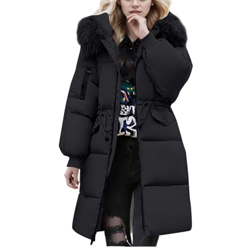 Wintermantel Damen Lang Daunenmantel Mit Fellkapuze Winterjacke Damen Warm Steppmantel Dicke Puffer Jacke Frauen Zipper Winterparka Outdoor Steppjacke Lässig Mantel Winter Parka Daunenjacke von FUPODD