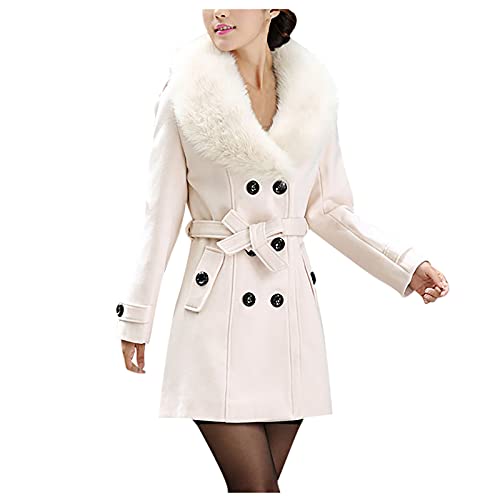 Wintermantel Damen Lang Elegant Damen-Mäntel Winter Fellkragen Warm Wollmantel Zweireihig Winterjacke Mittellang Wolle Mantel Mit Gürtel Trenchcoat Frauen Pelzkragen Damenmantel Mit Taschen von FUPODD