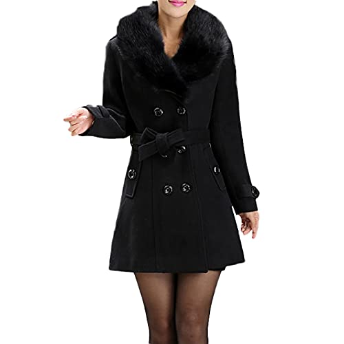 Wintermantel Damen Lang Elegant Damen-Mäntel Winter Fellkragen Warm Wollmantel Zweireihig Winterjacke Mittellang Wolle Mantel Mit Gürtel Trenchcoat Frauen Pelzkragen Damenmantel Mit Taschen von FUPODD