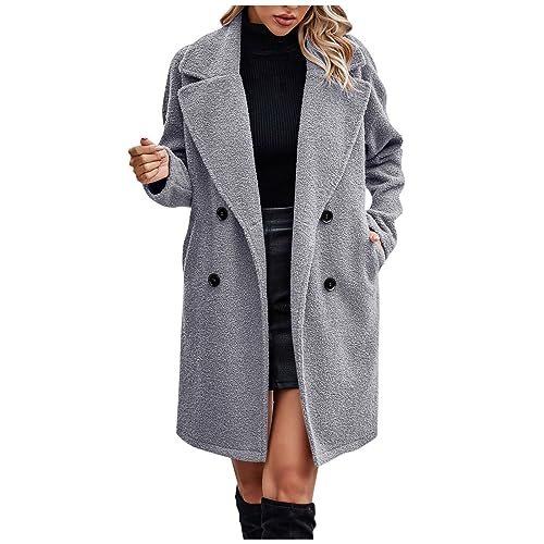 Wintermantel Damen Lang Elegant Teddy Fleece Jacke Winterjacke Damen Warm Revers Parka Mode Trenchcoat Mantel Frauen Plüschjacke Plüschmantel Cardigan Mit Taschen Outwear Coat Übergangsjacke von FUPODD