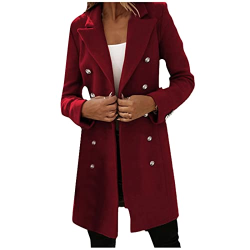 Wintermantel Damen Lang Elegant Winterjacke Damen Warm Wollmantel Damen Winter Mantel Frauen Zweireihiger Übergangsjacke Damen Einfarbig Trenchcoat Langer Jacke Reverskragen Outwear Coat von FUPODD