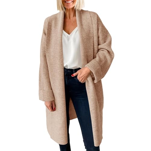 Wintermantel Damen Lang Elegant Wollmantel Damen Winter Tweed Jacke Frauen Mantel Winter Einfarbig Trenchcoat Revers Winterjacke Locker Windbreaker Übergangsjacke Warme Wolljacke Windjacke von FUPODD