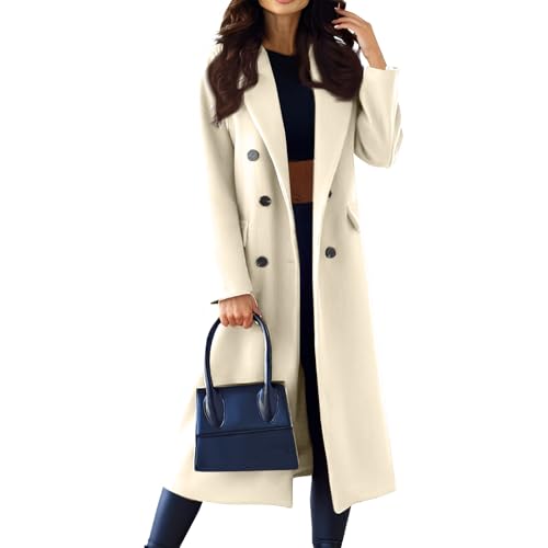 Wintermantel Damen Lang Elegant Wollmantel Frauen Winter Winterjacke Warm Wolle Trenchcoat Zweireihiger Tweed Jacke Mantel Schlanke Windbreaker Revers Übergangsjacke Windjacke Outwear Coat von FUPODD