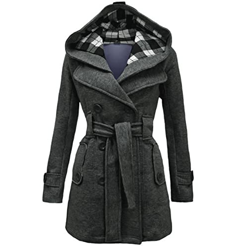 Wintermantel Damen Lang Elegant Wollmantel Winter Mantel Frauen Zweireihiger Winterjacke Damen Warm Wintercoat Mit Kapuze Parka Winddichter Coat Mit Gürtel Trenchcoat Tweed Jacke Outwear von FUPODD