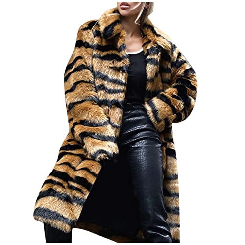 Wintermantel Damen Lang Leopard Druck Pelzmantel Dicke Winterjacke Mode Kunstfell Jacke Winter Warme Pelzjacke Frauen Felljacke Gefüttert Fellmantel Outwear Teddyfleece Mantel Flauschig von FUPODD