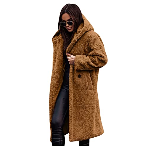 Wintermantel Damen Lang Mit Kapuze Fleecejacke Damen Dicke Kuscheljacke Damen Flauschig Winterjacke Damen Warm Gefütterte Strickjacken Teddyjacke Wollmantel Frauen Winter Plüschjacke Taschen von FUPODD