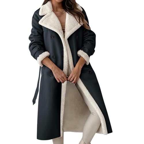 Wintermantel Damen Lang Winterjacke Damen Warm Gefüttert Fleecejacke Zweireihiger Ledermantel Revers Mantel Frauen Winter Dicke Elegant Trenchcoat Mit Gürtel Teddyfutter Damenmantel Outdoor von FUPODD