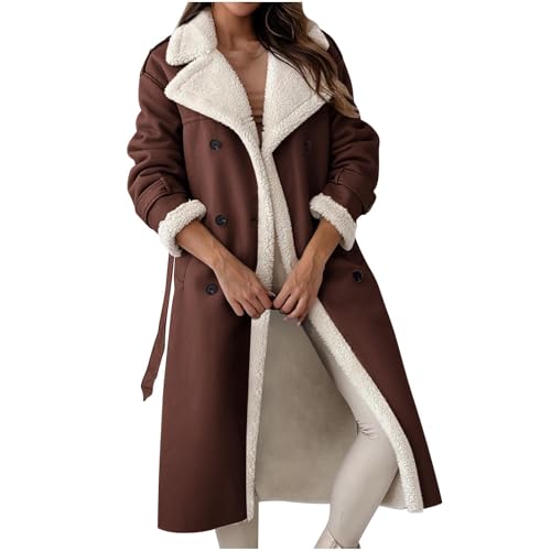 Wintermantel Damen Lang Winterjacke Damen Warm Gefüttert Fleecejacke Zweireihiger Ledermantel Revers Mantel Frauen Winter Dicke Elegant Trenchcoat Mit Gürtel Teddyfutter Damenmantel Outdoor von FUPODD