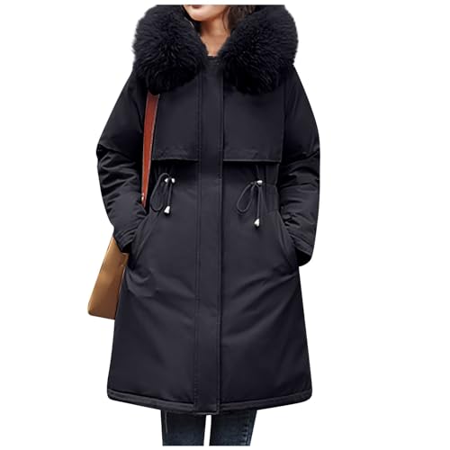 Wintermantel Damen Lang Winterjacke Damen Warm Gefüttert Fleecejacke mit Teddyfell-Kapuze Daunenmantel Taschen Winterparka Dicke Jacke Frauen Winter Mantel Fellkragen Parka Zipper Daunenjacke von FUPODD